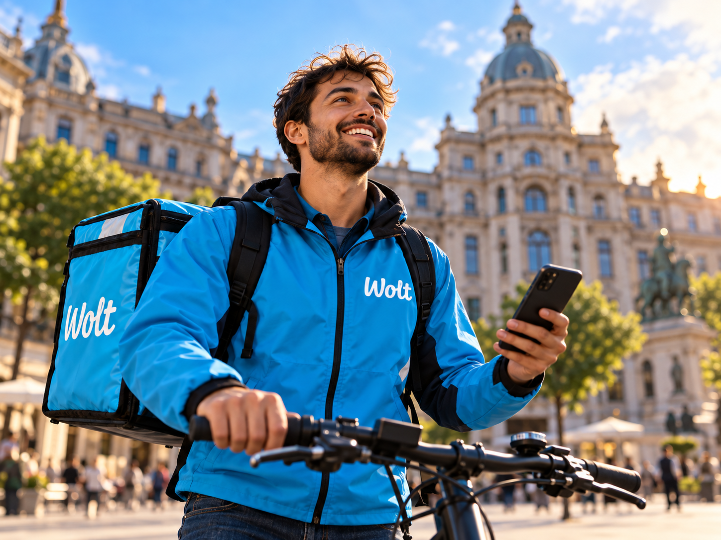 Curier Wolt cu bicicleta și telefonul